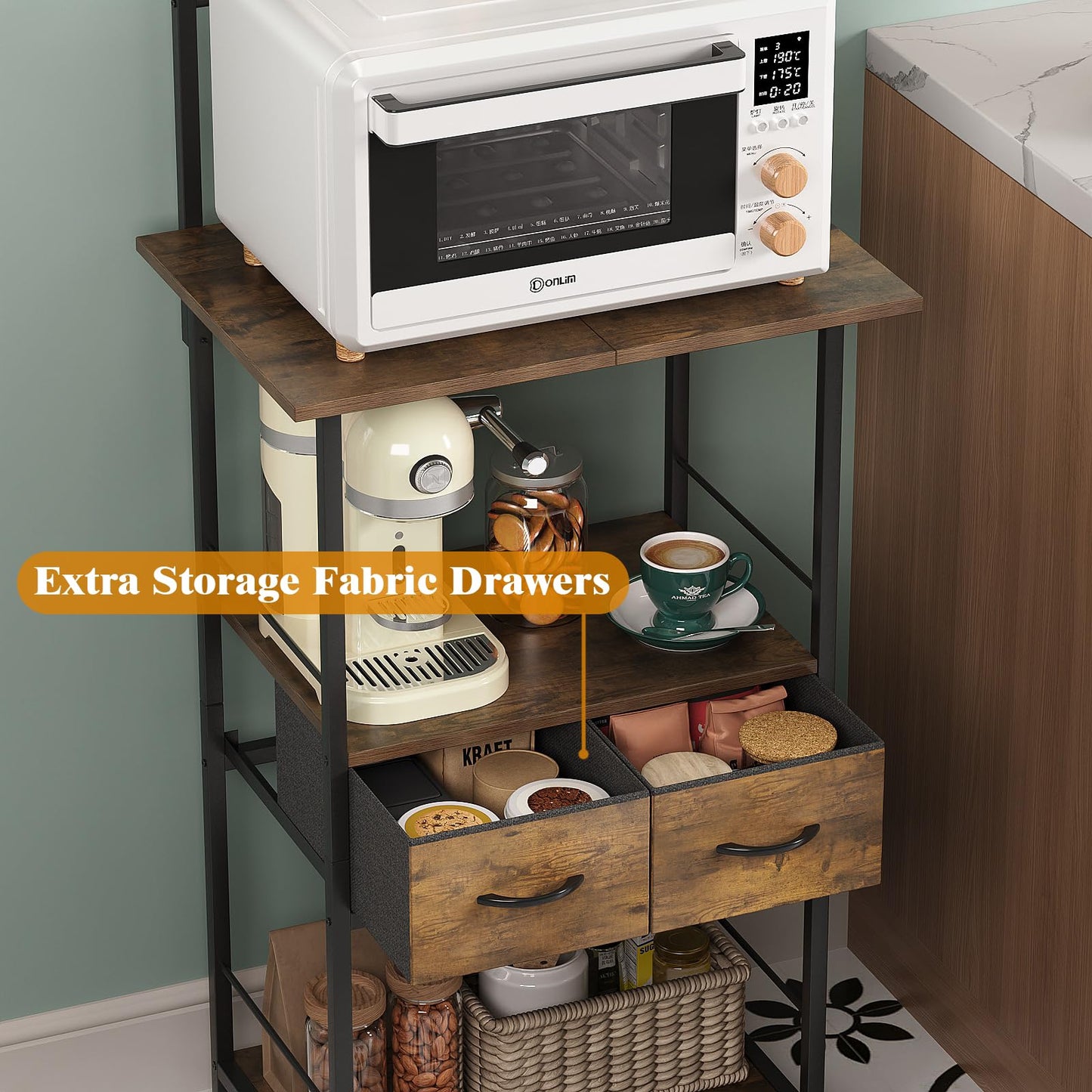 GiftGo Small Coffee Bar Station Narrow Corner Baker Rack Stand with 2 Storage Fabric Drawers 5 S Hooks for Small Spaces Farmhouse Bakers Rack for Kitchen, Entryway, Living Room (Brown, Narrow)
