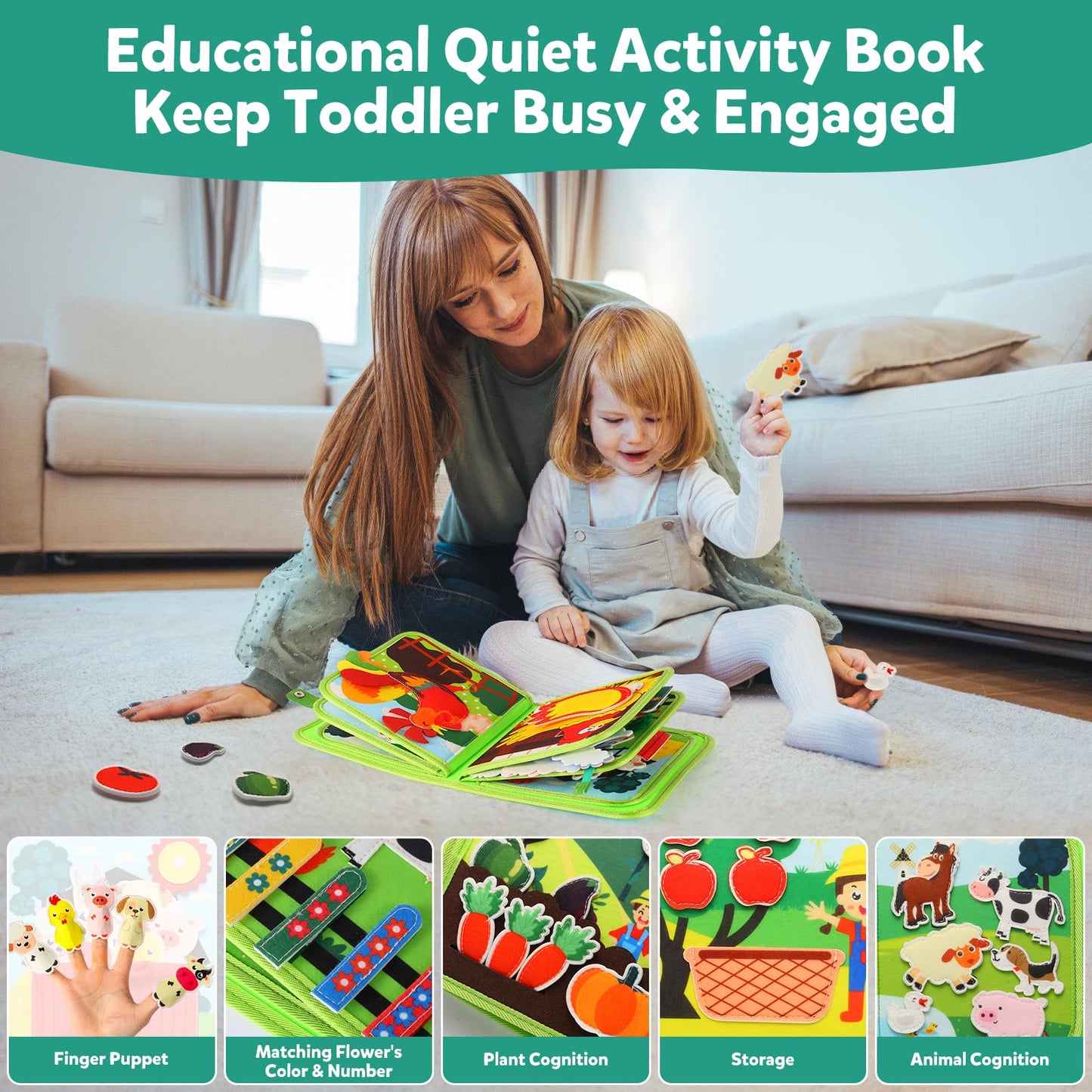 hovikoki Busy Book for Toddlers 1-3 - Montessori Toys Busy Board for 1 Year Old Boy Girl Toys Educational Quiet Activity Books Learning Board Toddler Airplane Travel Toy Birthday Gift - Farm Animals