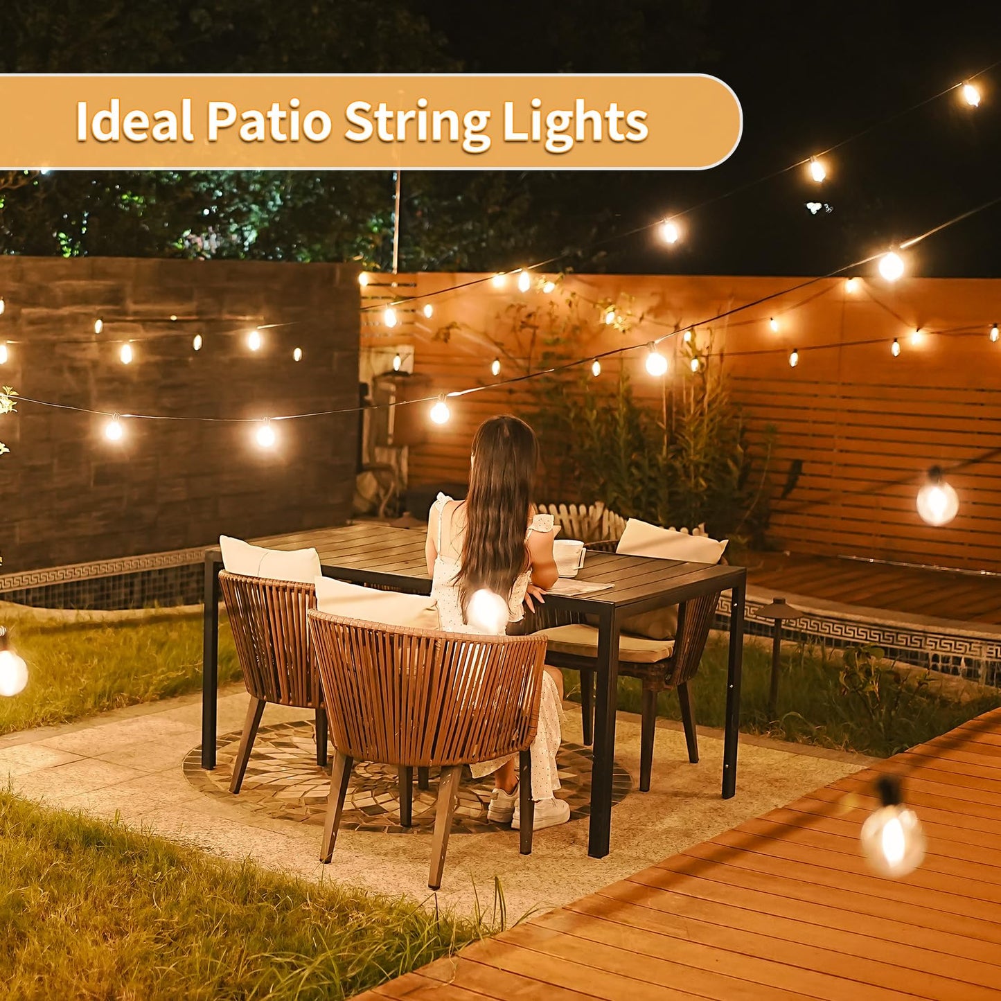 SANBEN 50ft LED String Lights with Remote, 25+1Bulbs Dimmable Patio Lights Outdoor, 24V Waterproof Plug, G40 Hanging Light for Outside Deck Garden Backyard Porch Party Decor