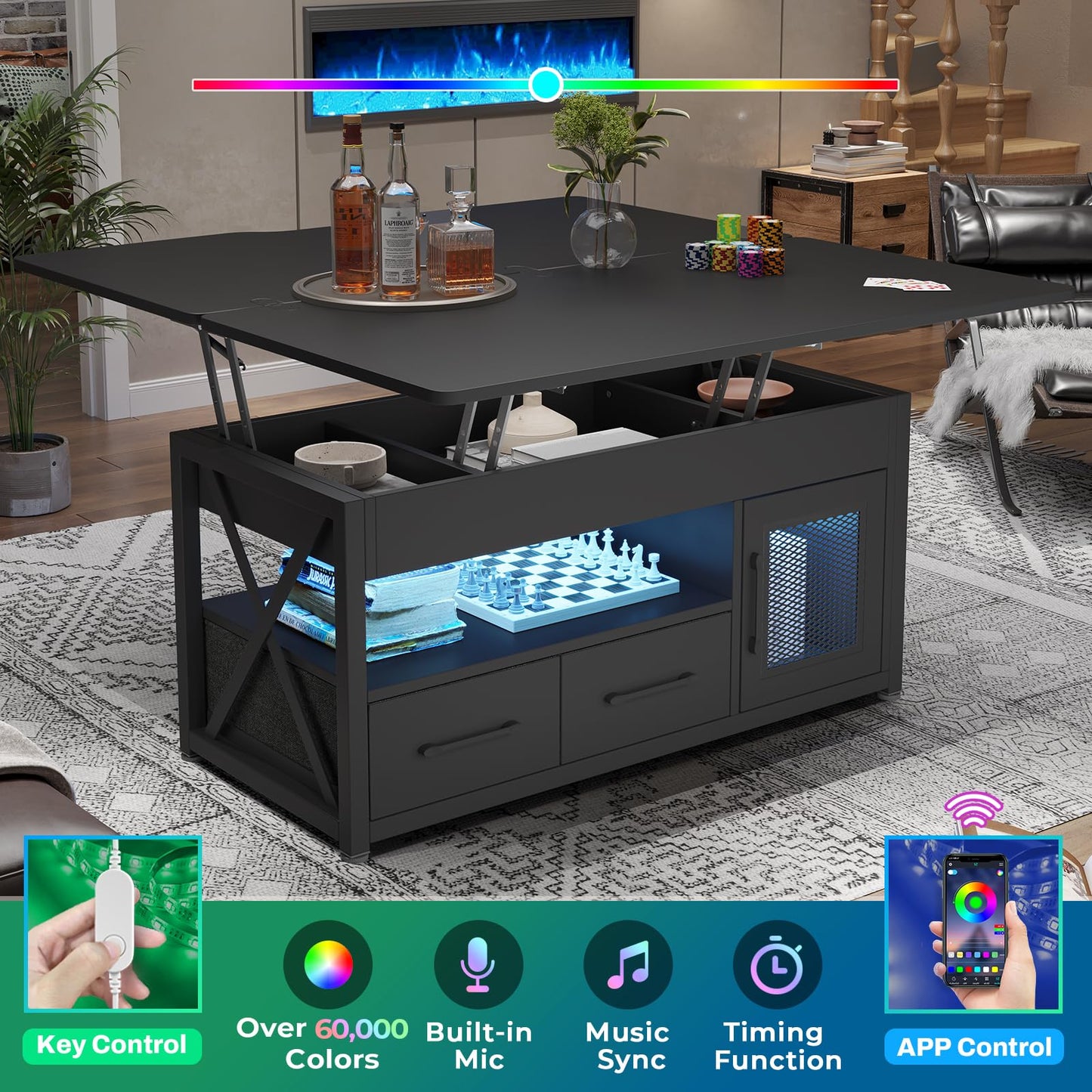 Itaar 40" Lift Top Coffee Table, 4 in 1 Coffee Tables with Storage Cabinet for Living Room, Small Farmhouse Coffee Table with 2 Fabric Drawers & LED Light for Dining Room, Black