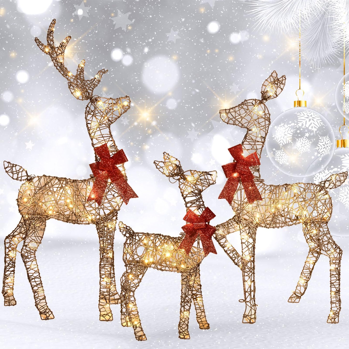HOYECHI 4ft Christmas Decorations Outdoor Lighted Reindeer – 3-Piece 2D Deer Family Set with 145 Warm White LED Lights for Yard, Lawn, Garden & Porch Holiday Display - Rattan