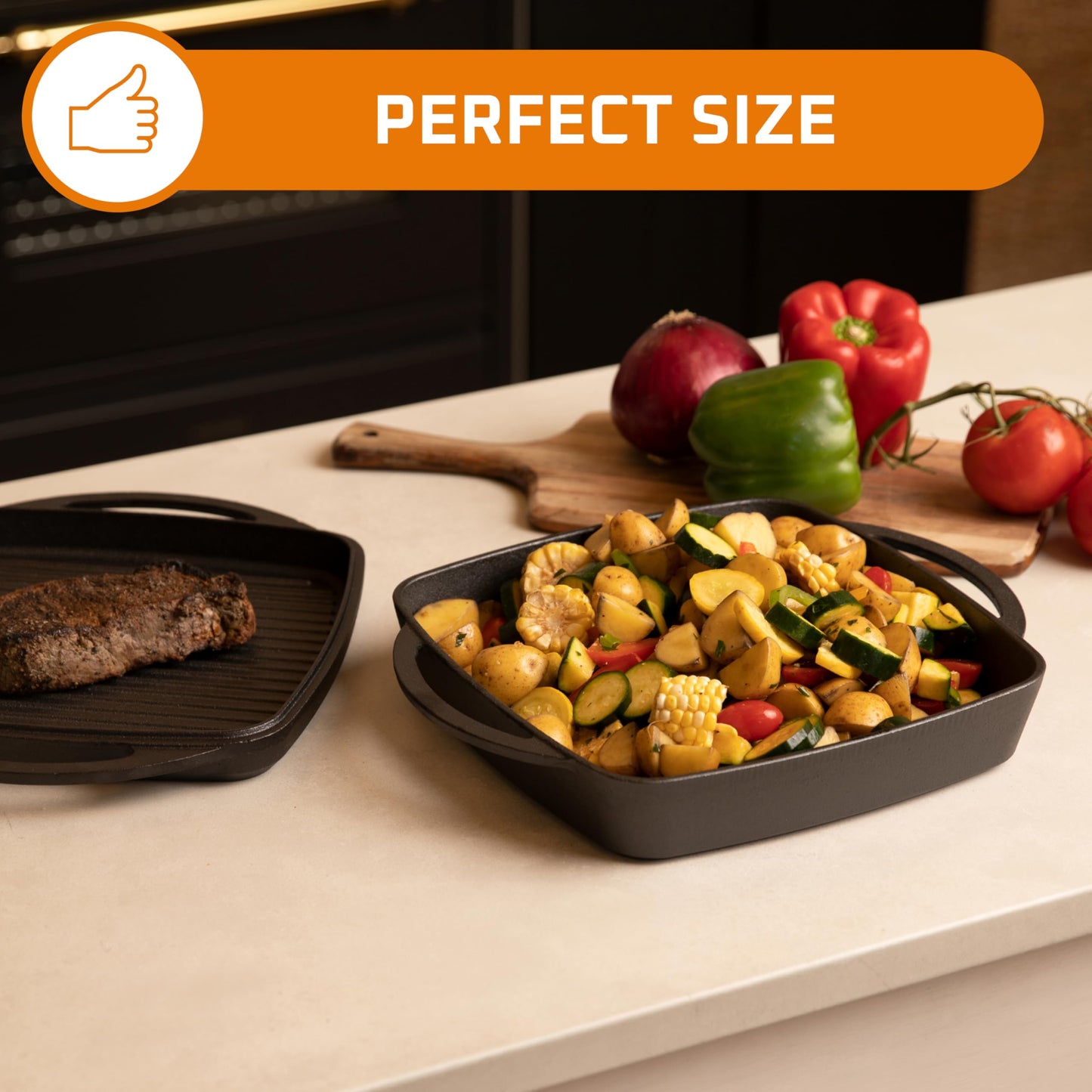 Bruntmor 2-in-1 Pre-Seasoned Cast Iron Dutch Oven and Grill Pan with Dual Handles - 11-Inch Non Stick Square Casserole Dish with Lid - Cast Iron Cookware for Braising, Crock Pot and Oven Safe Skillet