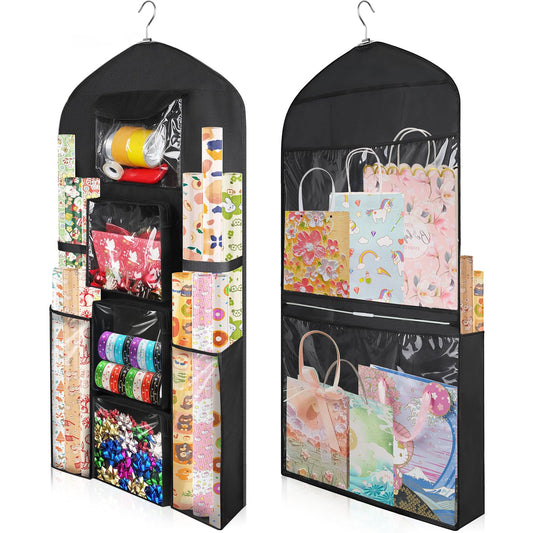 Woodoulogy Hanging Gift Wrapping Paper Storage, 48x24 (Extra Large) Black Double-Sided Christmas Wrapper Bag Container, Oxford Long Craft Roll Organizer, Present Wrap Holder for Closet, Door