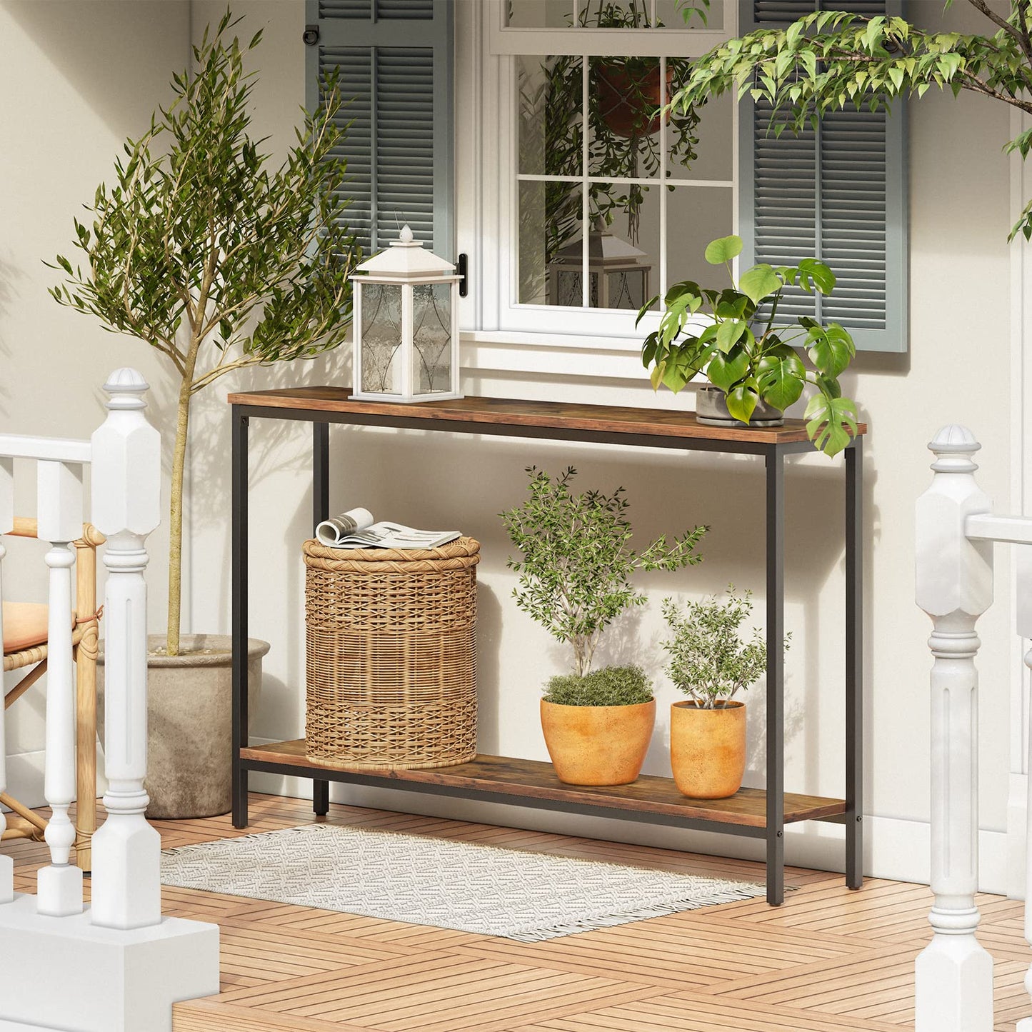 HOOBRO Console Table, 47.2" Narrow Entryway Table, Industrial Sofa Table with Shelf, Entrance Table for Living Room, Hallway, Foyer, Corridor, Office, Metal Frame, Rustic Brown and Black BF20XG01G1