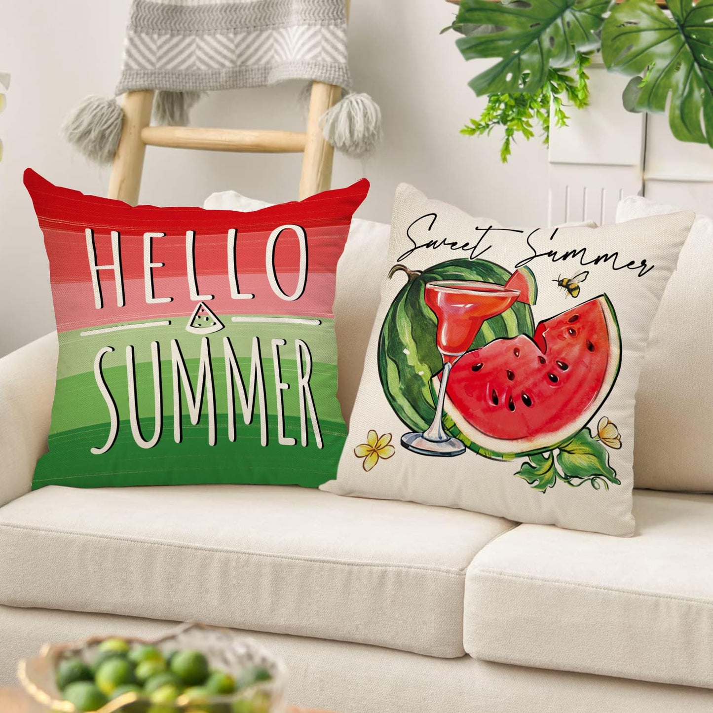 Ussap Hello Summer Watermelon Decorative Throw Pillow Covers 18 x 18 Set of 4, Life is Sweet Red Green Stripes Cushion Case Decor, Summer Vibes Fruit Juice Bees Seasonal Home Decoration for Sofa Couch