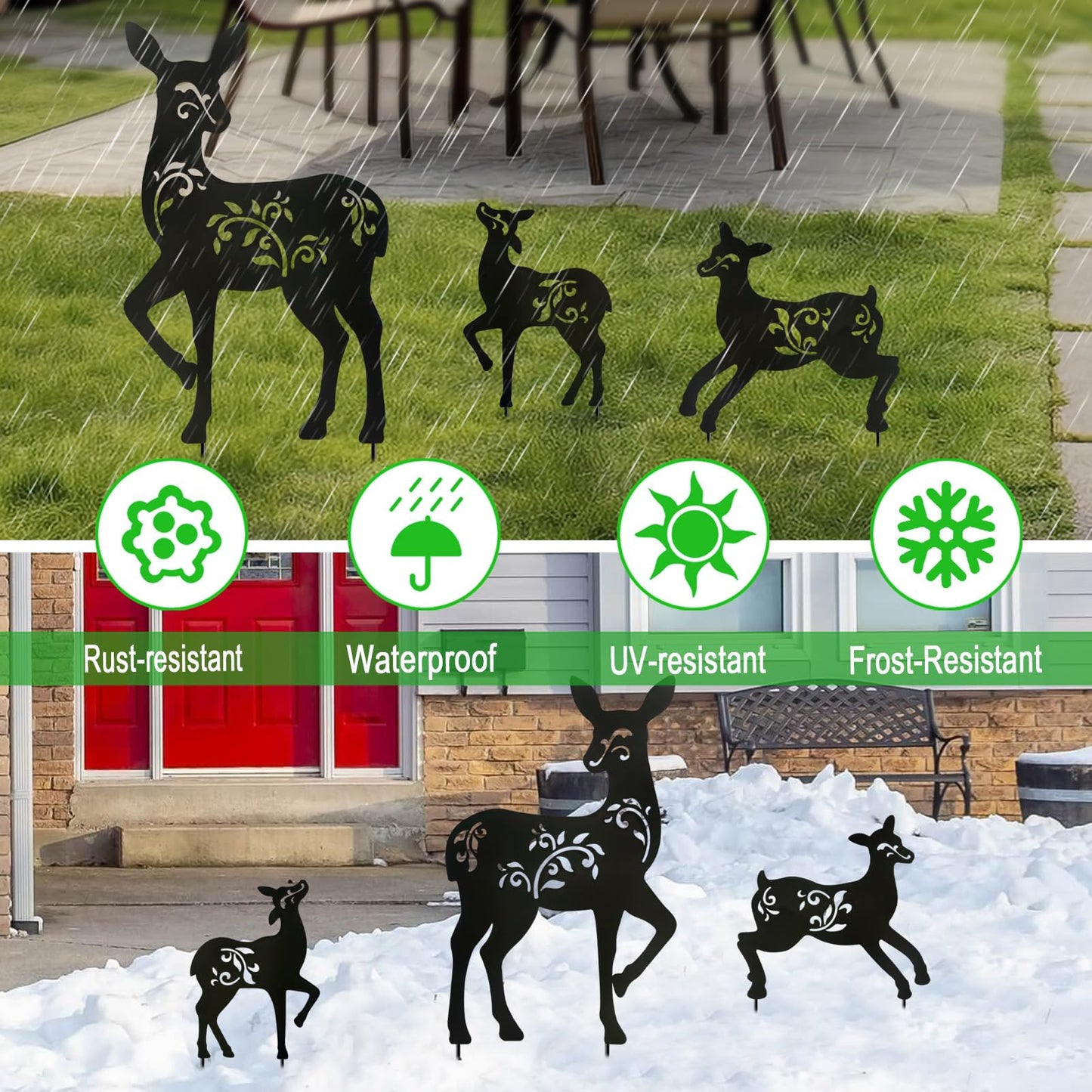 Hokfirm Outdoor Deer Stakes, Set of 3 Metal Deer Garden Decor for Outside,Black Silhouette Yard Art(Deer Black)