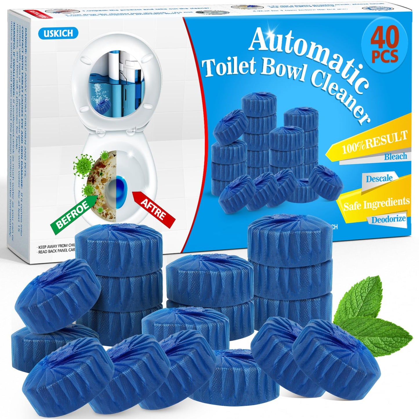 USKICH Toilet Bowl Cleaner Tablets 20 PACK, Bathroom Automatic Toilet Tank Cleaners with Bleach, Slow-Releasing Household Toilet Cleaners for Deodorizing, Descaling, against Tough Stains