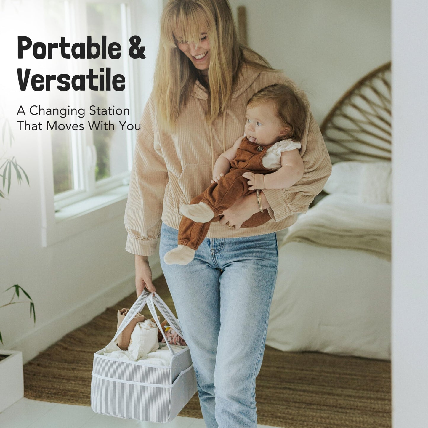 Lily Miles Baby Diaper Caddy - Organizer Tote Bag for Baby Girl Essentials - Baby Shower Basket - Nursery Must Haves - Registry Favorites - Newborn Caddie Car Travel - Gray/Blush, Extra Large