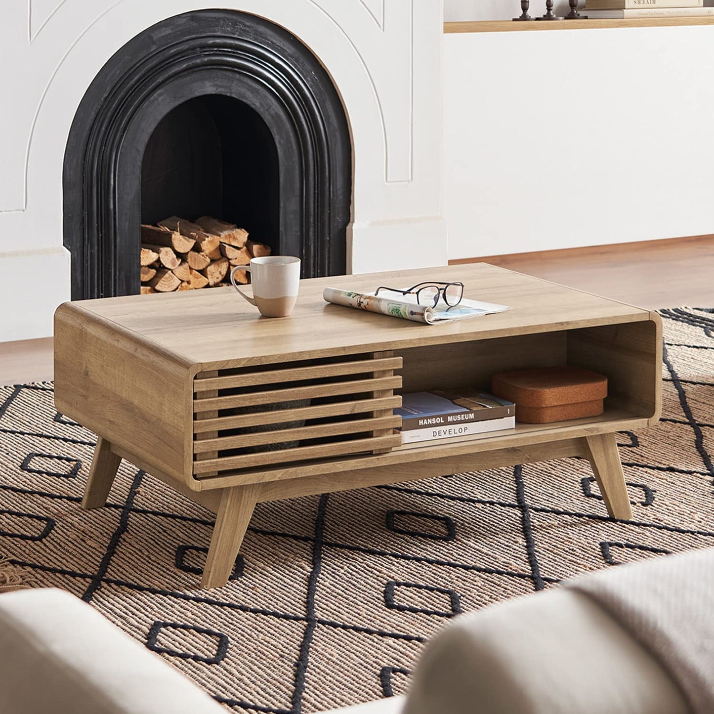 mopio Ensley Coffee Table with Storage, Mid Century Modern, Farmhouse Wood Coffee Table for Living Room Fluted (Oak)