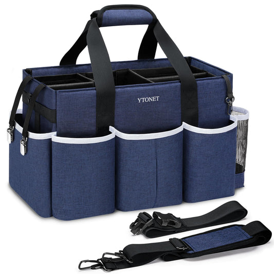 Ytonet Wearable Cleaning Caddy Bag, Large Cleaning Supplies Organizer with 4 Foldable Dividers, Kitchen Caddy Organizer with Handle & Adjustable Shoulder Straps for Cleaners & Housekeeper, Blue