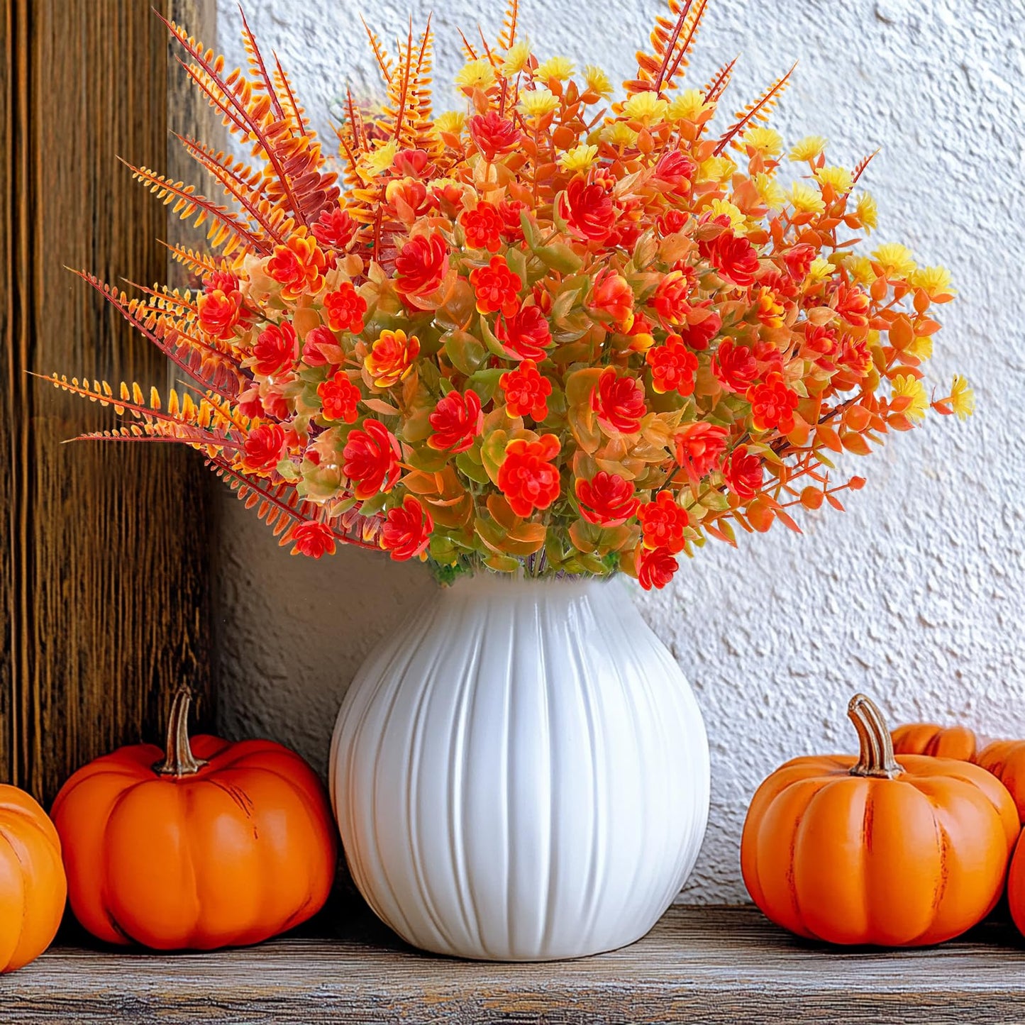 TURNMEON 12 Bundles Artificial Fall Flowers for Outdoors Fall Decorations,UV Resistant Fake Mums Faux Fall Plants Plastic Orange Boston Fern Eucalyptus Home Gardens Porch Autumn Thanksgiving Decor