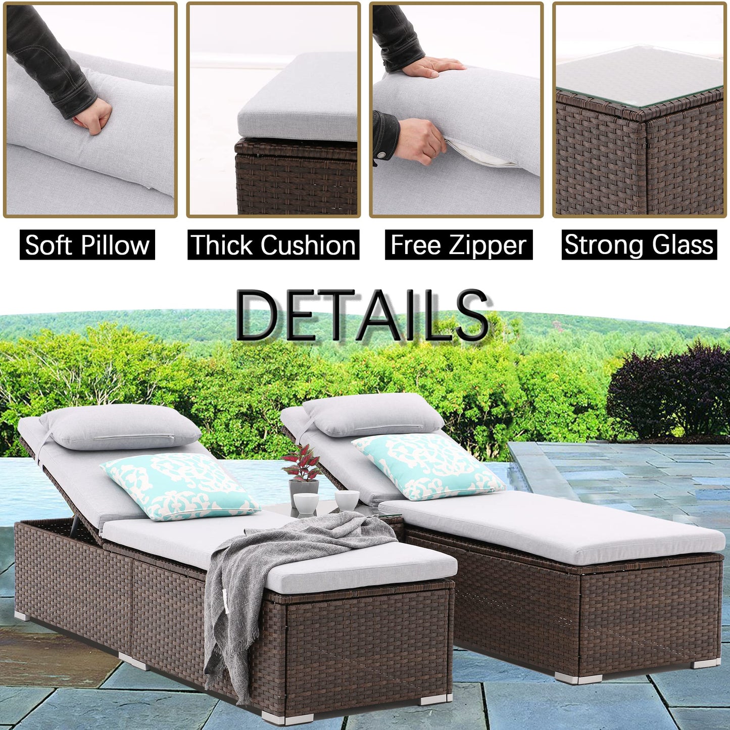 iArtHand 3 Pcs Patio Chaise Lounge with Coffee Table Cushion&Pillow Outdoor Lounge Chair Chaise Lounger Patio Reclining Chair 5 Angle Adjustment Brown Rattan for Courtyards Poolside Garden