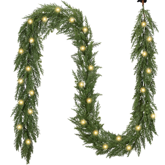 Valery Madelyn 9ft Real Tough Christmas Garland for Mantle, Lighted Artificial Norfolk Pine Cedar Garland, Realistic Soft Pre-Lit Fall Garland for Door Fireplace Table Centerpiece Outdoor Home Decor