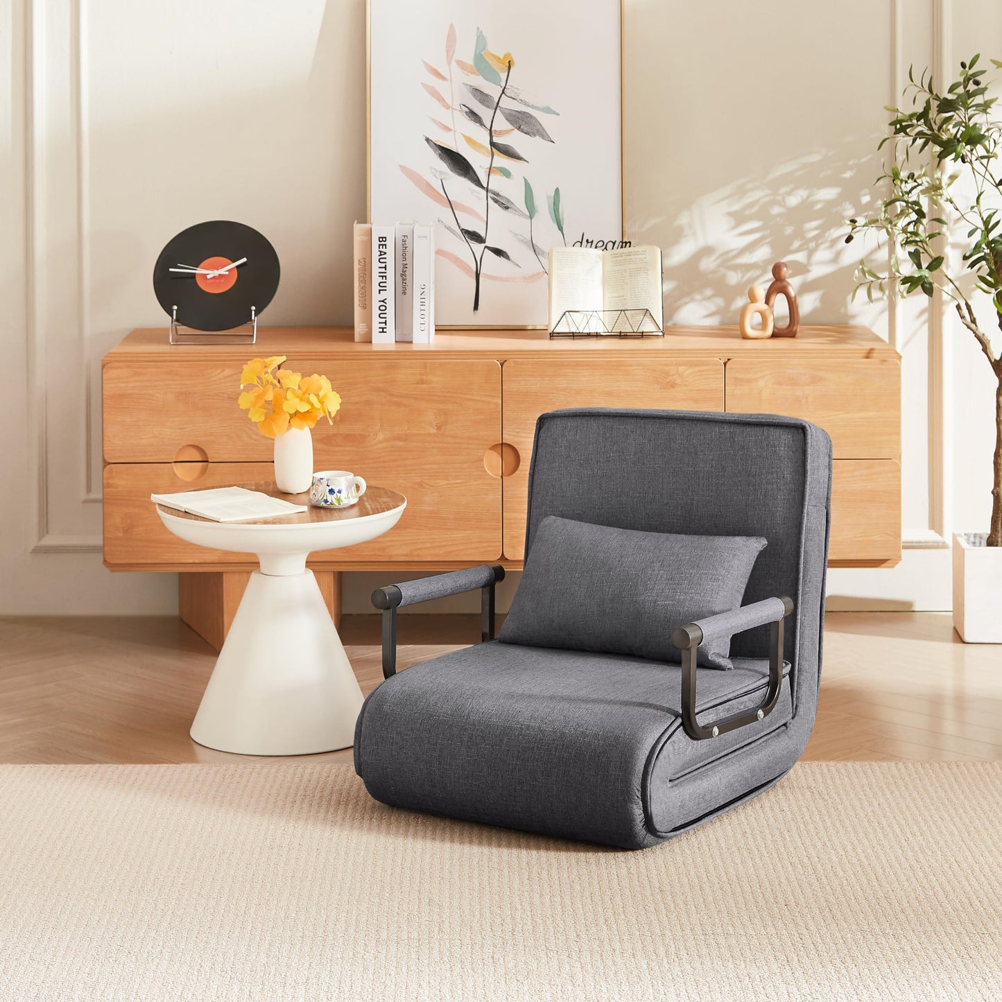 QQU 5-in-1 Convertible Sleeper Chair, Adjustable Folding Sofa Pull Out Bed, Chaise Lounge & Single Bed, Lounge Chair Indoor for Small Spaces, Living Room, Office, Apartment, Guest Room, Grey