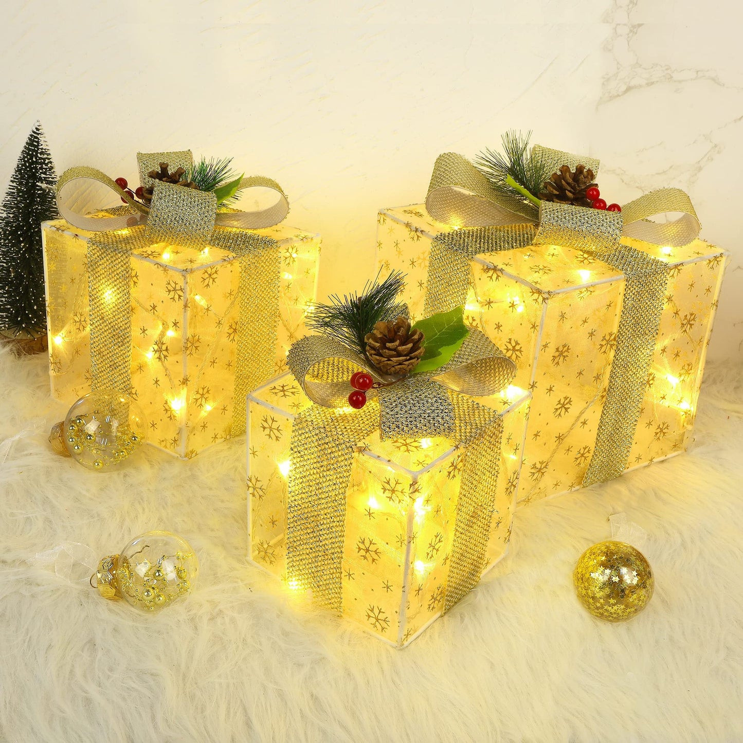 Set of 3 Christmas Lighted Gift Boxes Decorations, Pre-lit Snowflakes Present Box with Silver Bowknot, Light Up Xmas Tree Skirt Ornament, Indoor Outdoor Plug in for Home Pathway Holiday Party