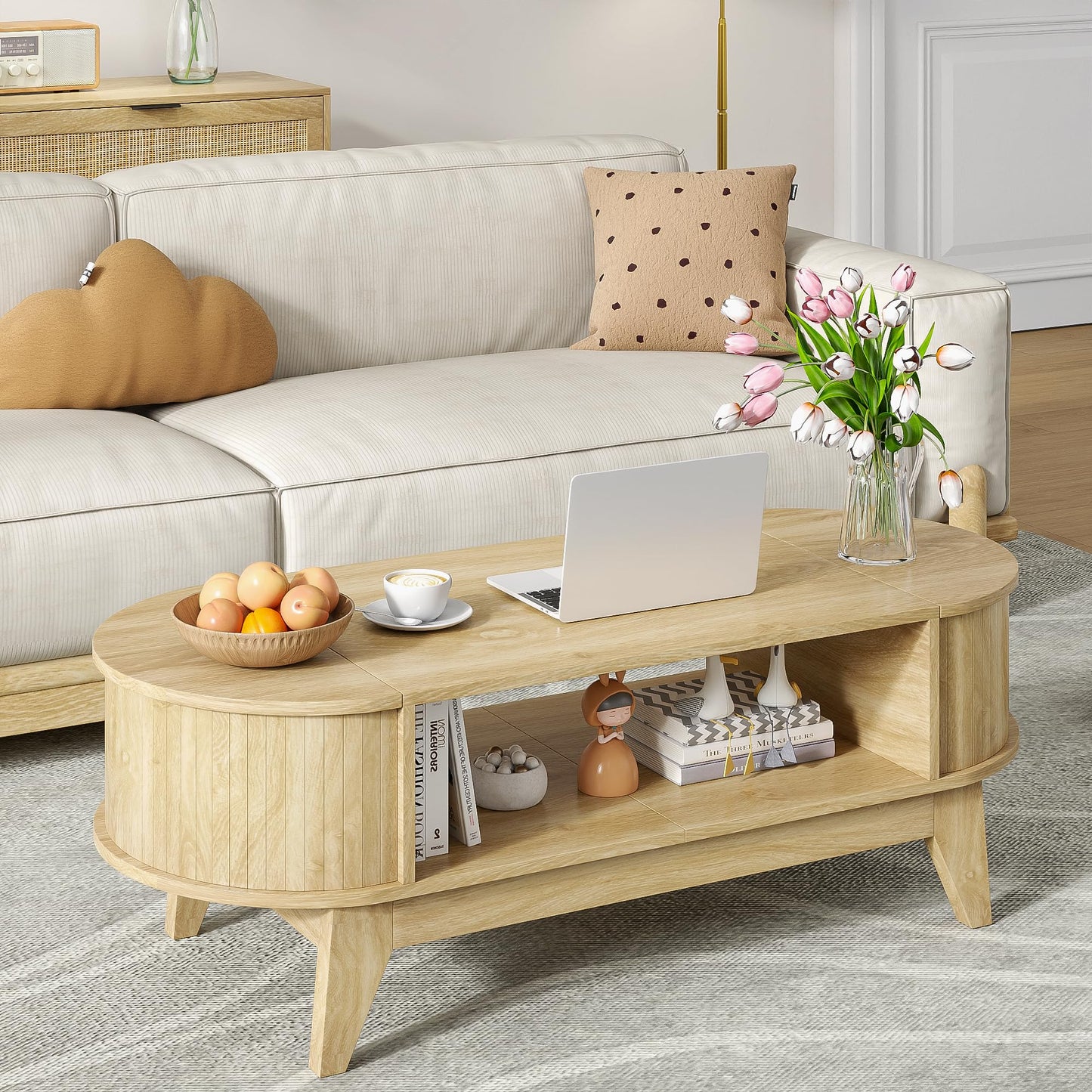 Fsbecl 46.45'' Oval Coffee Tables for Living Room, Mid Century Modern Coffee Table with Storage, Wood Fluted Accent Center Table with Flip-Top Lids for Home,Office (Wood Color)