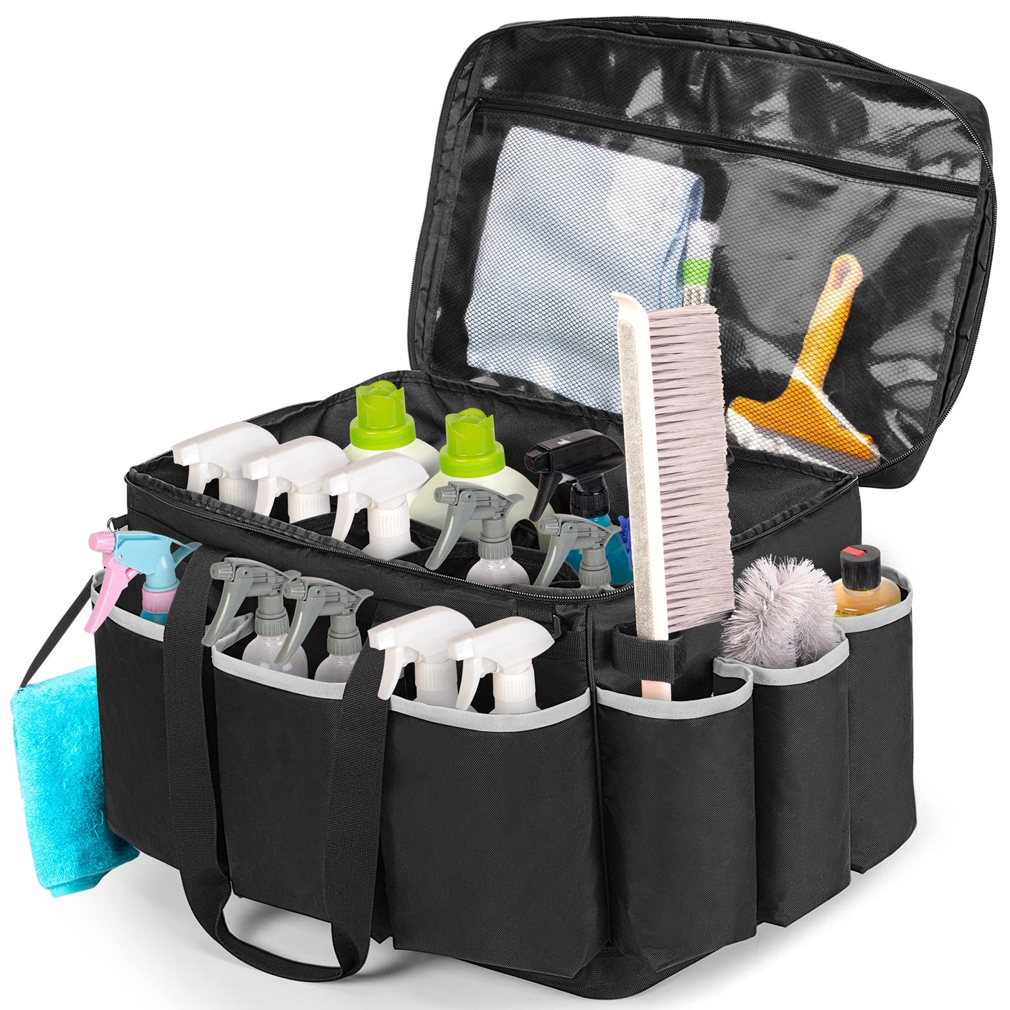 HODRANT Extra-Large Cleaning Caddy with EVA Hard Bottom, High Capacity Cleaning Supplies Organizer for Housekeeping & Home Work, Car Detailing Tools Tote Bag with Shoulder Strap, Patent Design