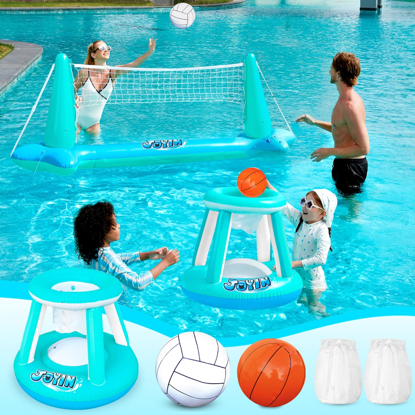 JOYIN Inflatable Pool Float Set Volleyball Net & Basketball Hoops, Floating Swimming Game Toy Floaties for Kids and Adults Volleyball Court (105”x28”x35”)|Basketball (27”x23”x27”),L-Pink Purple