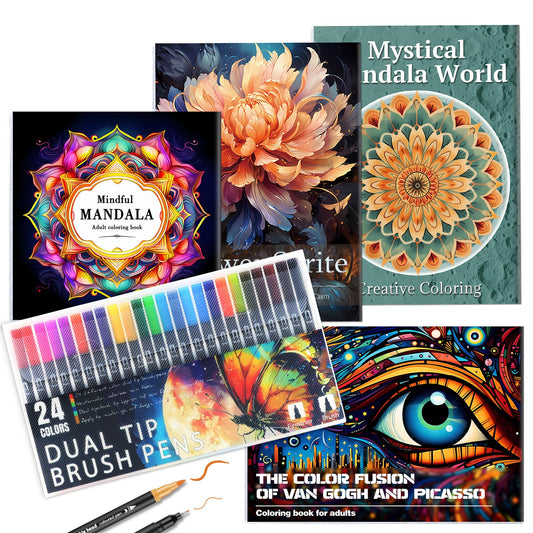 Adult Coloring Book for Adults Relaxation, Stress Relief Coloring Book with 24 Dual Tip Markers, Relaxing Gifts for Women, 128 Patterns Include Mandala Flower Van Gogh PICASSA Style (4 Pack)