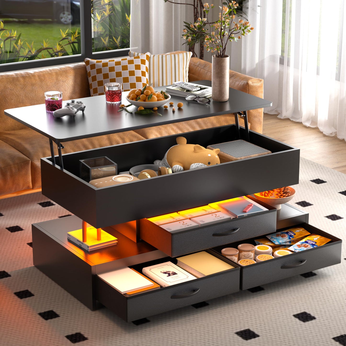 Oransail 40" Lift Top Coffee Table with 3 Fabric Storage Drawers and Hidden Compartmen, LED Coffee Table, Farmhouse Coffee Tables for Living Room, Dining Room