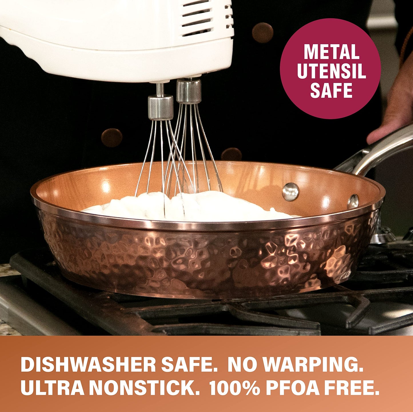 Gotham Steel Hammered Copper 12 Inch Nonstick Skillet, Aluminum, Induction Compatible, Easy Release, Even Heat Distribution