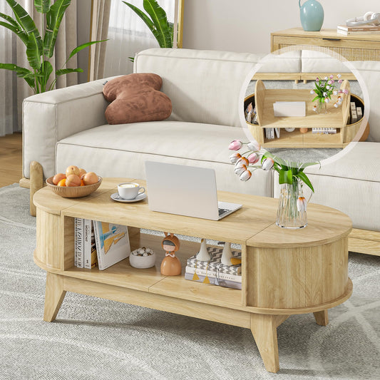 Fsbecl 46.45'' Oval Coffee Tables for Living Room, Mid Century Modern Coffee Table with Storage, Wood Fluted Accent Center Table with Flip-Top Lids for Home,Office (Wood Color)
