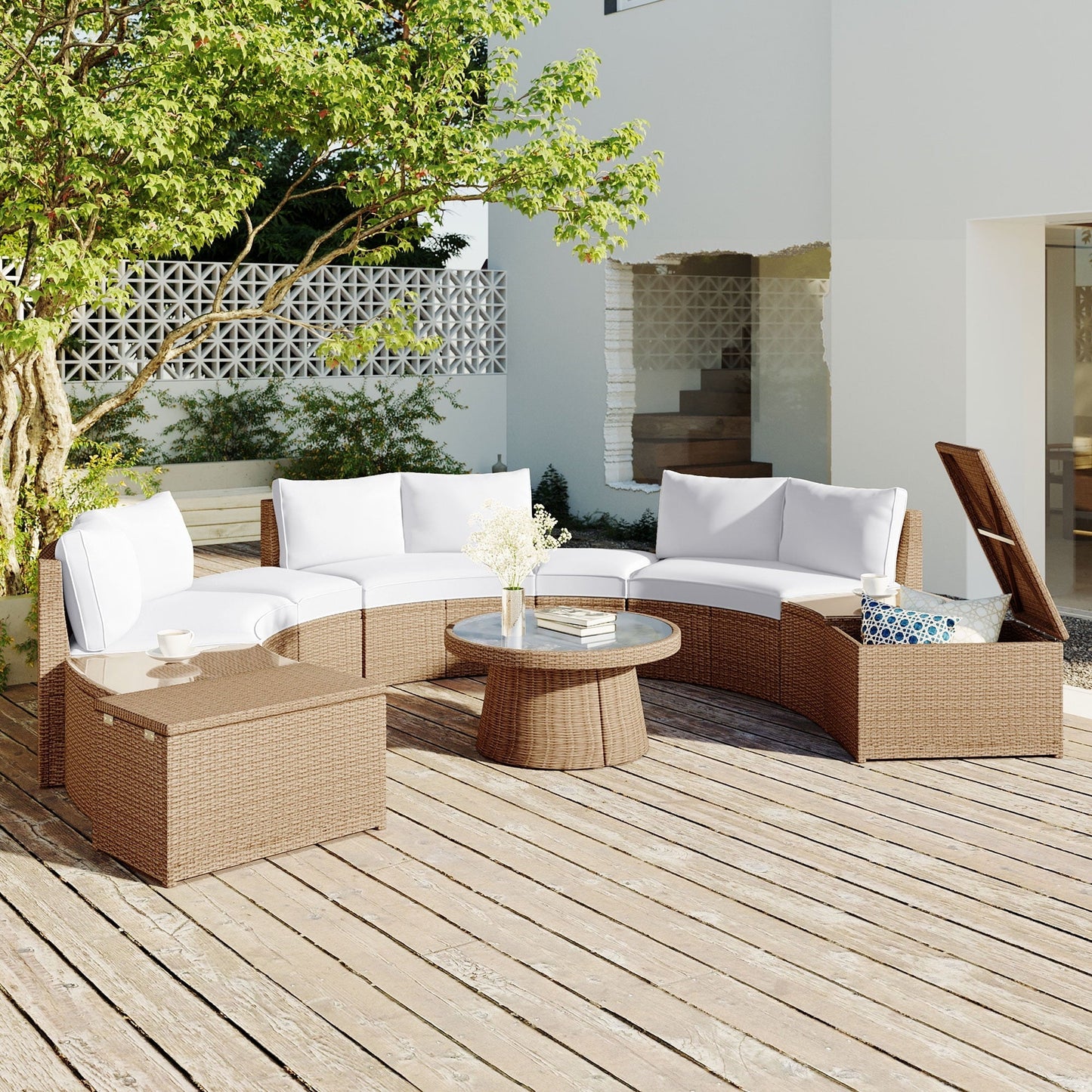 Olurrisa 10-Piece Outdoor Sectional Half Round Patio Rattan Sofa Set, PE Wicker Conversation Furniture Set for Free Combination, White