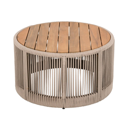 Outdoor Rattan Rope Design and Acacia Wood Tabletop Coffee Table, Beige